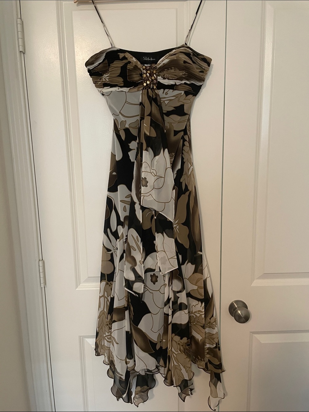S.L. Fashions Pleated Floral Sash Cocktail Dress, Rhinestone Accent size 6